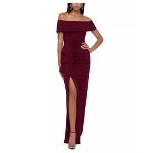 Xscape Women's Size 16 Burgundy Off-The-Shoulder Scuba Crepe Cocktail Gown Dress